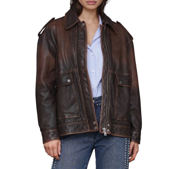 Avec Les Filles Pieced Back Leather Bomber Jacket Burnished Brown - Picture 4 of 7
